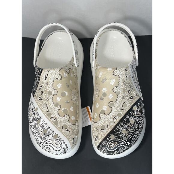 New Crocs Classic Crush Bandana Clog White/ Black/ Beige Slip On Men\'s Size 12
